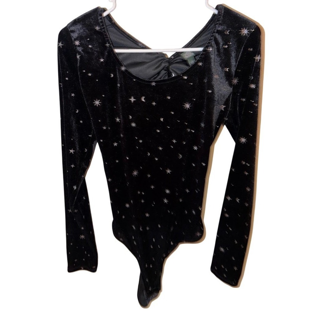 Wild Fable Black Velvet Celestial Star Moon Bodysuit Long Sleeve Twisted‎ Back L